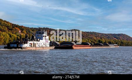 Binnenschiff, das nahe der Konvergenz von Mississippi und Illinois River fährt Stockfoto