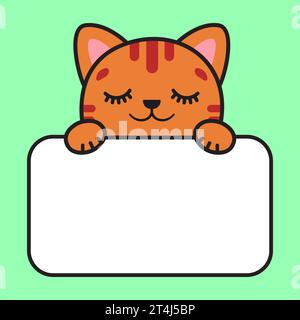 Die rote Katze schläft. Die Katze hält eine Karte in der Hand. Aufkleber für Kinder. Aufkleber für Notizblock. Vektorabbildung Stock Vektor