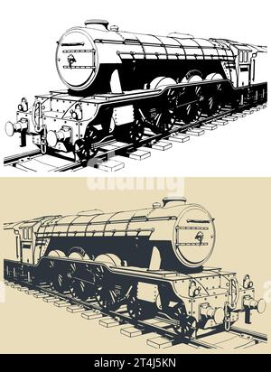 Stilisierte Vektordarstellung von Zeichnungen der Dampflokomotive Stock Vektor