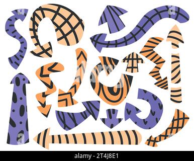 Farbige dicke Vektorpfeile, die innerhalb der Pfeile, Zickzack und Linien auf weißem Hintergrund gedruckt werden Stock Vektor