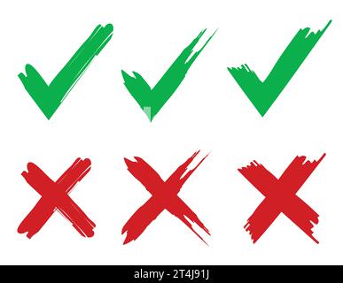 Satz von Zustimmungs- und Verbotszeichen, Häkchen, gekreuzt mit Pinselstrichen, Kreuz x und Häkchen OK, Vektorillustration isoliert auf weiß setzen Stock Vektor