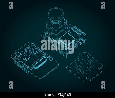 Stilisierte Vektorabbildungen von Zeichnungen verschiedener Kameramodule auf Leiterplatten Stock Vektor