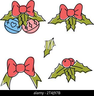 Set im Linienstil mit Farben, Weihnachtsbaumspielzeug, Neujahrsdekor für Feiertage, Weihnachten und Neujahr Stock Vektor