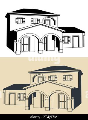 Stilisierte Vektor-Illustration eines Herrenhauses im mediterranen Stil Stock Vektor