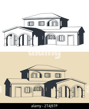 Stilisierte Vektor-Illustration eines Herrenhauses im mediterranen Stil Stock Vektor