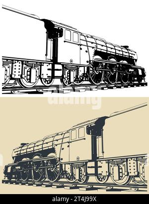 Stilisierte Vektordarstellung von Zeichnungen der Dampflokomotive Stock Vektor