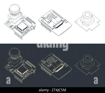 Stilisierte Vektorabbildungen von Zeichnungen verschiedener Kameramodule auf Leiterplatten Stock Vektor
