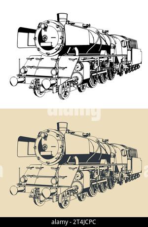 Stilisierte Vektordarstellung von Zeichnungen der Dampflokomotive Stock Vektor