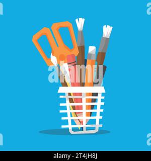 Korb mit Schulzubehör, Bleistiften, Scheren, Stift, Bürsten. Vektorkaraffe, flache Illustration, zurück in die Schule, für soziale Netzwerke, Artikel für ch Stock Vektor