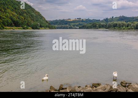 Panoramablick auf Passau. Zusammenfluss der drei Flüsse Donau, Inn, Ilz, Bayern, Deutschland. Hochwertige Fotos Stockfoto