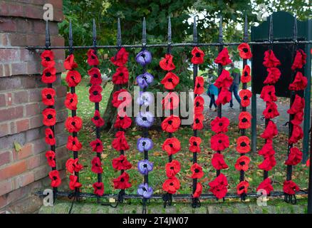 Marlow, Großbritannien. 31. Oktober 2023. Die Marlow Poppy Display Group der einheimischen Damen hat über 5.000 gestrickte und gehäkelte Mohnblumen hergestellt, die heute auf den Geländern der All Saints Church und Higginson Park am Causeway in Marlow, Buckinghamshire, ausgestellt werden. Fast 8000 Pfund wurden von der Gruppe seit 2020 für den Marlow British Legion Poppy Appeal aufgebracht. Quelle: Maureen McLean/Alamy Live News Stockfoto