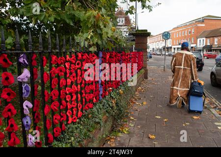 Marlow, Großbritannien. 31. Oktober 2023. Die Marlow Poppy Display Group der einheimischen Damen hat über 5.000 gestrickte und gehäkelte Mohnblumen hergestellt, die heute auf den Geländern der All Saints Church und Higginson Park am Causeway in Marlow, Buckinghamshire, ausgestellt werden. Fast 8000 Pfund wurden von der Gruppe seit 2020 für den Marlow British Legion Poppy Appeal aufgebracht. Quelle: Maureen McLean/Alamy Live News Stockfoto