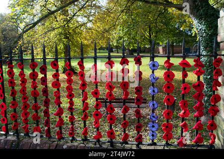 Marlow, Großbritannien. 31. Oktober 2023. Die Marlow Poppy Display Group der einheimischen Damen hat über 5.000 gestrickte und gehäkelte Mohnblumen hergestellt, die heute auf den Geländern der All Saints Church und Higginson Park am Causeway in Marlow, Buckinghamshire, ausgestellt werden. Fast 8000 Pfund wurden von der Gruppe seit 2020 für den Marlow British Legion Poppy Appeal aufgebracht. Quelle: Maureen McLean/Alamy Live News Stockfoto