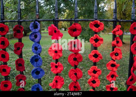 Marlow, Großbritannien. 31. Oktober 2023. Die Marlow Poppy Display Group der einheimischen Damen hat über 5.000 gestrickte und gehäkelte Mohnblumen hergestellt, die heute auf den Geländern der All Saints Church und Higginson Park am Causeway in Marlow, Buckinghamshire, ausgestellt werden. Fast 8000 Pfund wurden von der Gruppe seit 2020 für den Marlow British Legion Poppy Appeal aufgebracht. Quelle: Maureen McLean/Alamy Live News Stockfoto