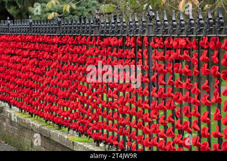 Marlow, Großbritannien. 31. Oktober 2023. Die Marlow Poppy Display Group der einheimischen Damen hat über 5.000 gestrickte und gehäkelte Mohnblumen hergestellt, die heute auf den Geländern der All Saints Church und Higginson Park am Causeway in Marlow, Buckinghamshire, ausgestellt werden. Fast 8000 Pfund wurden von der Gruppe seit 2020 für den Marlow British Legion Poppy Appeal aufgebracht. Quelle: Maureen McLean/Alamy Live News Stockfoto