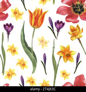 Nahtloses Muster von Frühlingsblumen handgezeichnet in Aquarell. Blumenelemente auf weißem Hintergrund zum Erstellen von Postkarten, Mustern und Verpackungen. Stockfoto