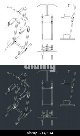 Stilisierte Vektorillustrationen von Bauplänen von Trainingsgeräten. Querstange, horizontaler Balken und parallele Balken Stock Vektor