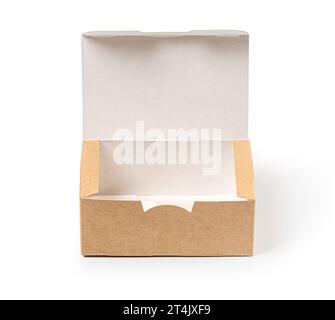 Leere Take-away-Box aus Pappe isoliert auf weißem Hintergrund öffnen Stockfoto