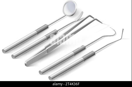 Grundlegende zahnärztliche Instrumente und Werkzeuge. Ein Satz medizinischer Metallgeräte für die Zahnpflege. Dentalhygiene und Gesundheitskonzept vor weißem Hintergrund Stock Vektor