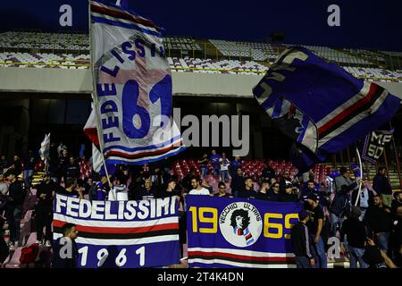 Salerno, Italien. 31. Oktober 2023. Die Fans von Sampdoria jubeln beim Fußball-Spiel zwischen den USA Salernitana und UC Sampdoria im Arechi-Stadion in Salerno (Italien) am 31. Oktober 2023 an. Quelle: Insidefoto di andrea staccioli/Alamy Live News Stockfoto