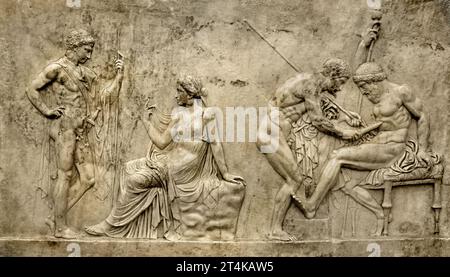 Relief mit dem Mythos von Telephus aus dem Herculeum-Haus des Telephus (1. Jahrhundert v. Chr.) nationales Archäologisches Museum von Neapel Italien. Stockfoto