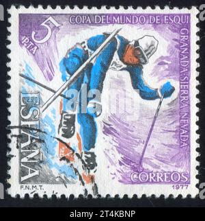 SPANIEN - CA. 1977: Briefmarke gedruckt von Spanien, zeigt Slalom, ca. 1977 Stockfoto