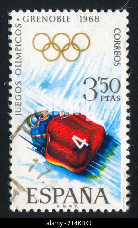 SPANIEN - CA. 1968: Briefmarke gedruckt von Spanien, zeigt Bobsleighing, ca. 1968 Stockfoto