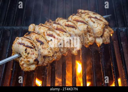 Aufgespießte und marinierte Hähnchenschenkel, die auf einem Grill kochen Stockfoto