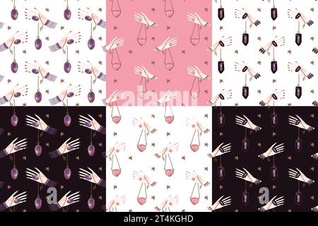 Magisches nahtloses Muster. Frauenhand mit einem Kristall an einer Kette und goldenen Sternen. Ritual zur Vorhersage der Zukunft. Lithomancy. Mystische Wahrsagung. Stockfoto