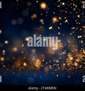 Abstrakter Hintergrund mit goldenen Sternen, Partikeln und glitzerndem Marineblau Stockfoto