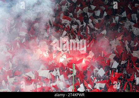 Kaiserslautern, Deutschland. 31. Oktober 2023. Fußball: DFB Cup, 1. FC Kaiserslautern - 1. FC Köln, 2. Runde, Fritz-Walter-Stadion. Kaiserslautern-Fans haben das bengalische Feuer ausgelöst. Hinweis: Uwe Anspach/dpa – WICHTIGER HINWEIS: gemäß den Vorgaben der DFL Deutsche Fußball Liga und des DFB Deutscher Fußball-Bund ist es verboten, im Stadion und/oder des Spiels aufgenommene Fotografien in Form von Sequenzbildern und/oder videoähnlichen Fotoserien zu verwenden oder zu verwenden./dpa/Alamy Live News Stockfoto