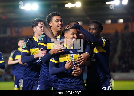 Samuel Silvera von Middlesbrough feiert das zweite Tor ihrer Mannschaft während des Spiels der vierten Runde des Carabao Cup in St James Park, Exeter. Bilddatum: Dienstag, 31. Oktober 2023. Stockfoto