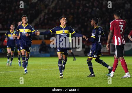 Samuel Silvera (Mitte) von Middlesbrough feiert das zweite Tor ihrer Mannschaft während des Spiels der vierten Runde des Carabao Cup in St James Park, Exeter. Bilddatum: Dienstag, 31. Oktober 2023. Stockfoto