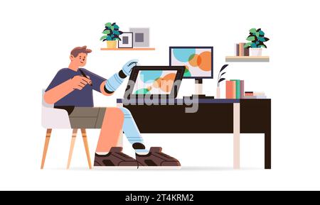 Behinderter Mann Grafikdesigner mit ersetztem Roboterbein und Arm Mann, der an Laptop-Menschen mit Behinderungen arbeitet, Konzept horizontal Stock Vektor