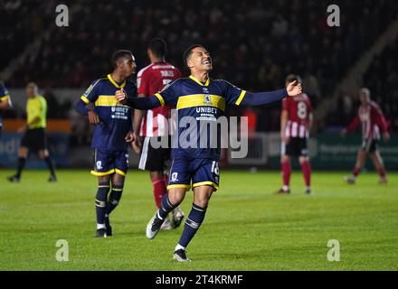 Samuel Silvera von Middlesbrough feiert das zweite Tor ihrer Mannschaft während des Spiels der vierten Runde des Carabao Cup in St James Park, Exeter. Bilddatum: Dienstag, 31. Oktober 2023. Stockfoto