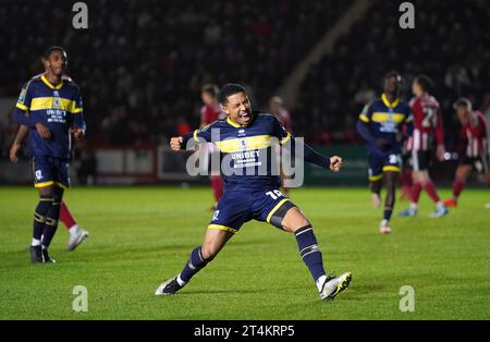 Samuel Silvera von Middlesbrough feiert das zweite Tor ihrer Mannschaft während des Spiels der vierten Runde des Carabao Cup in St James Park, Exeter. Bilddatum: Dienstag, 31. Oktober 2023. Stockfoto