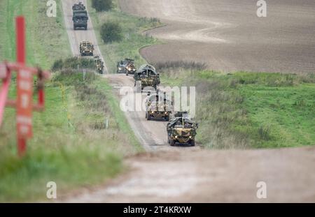 Ein Konvoi von getarnten britischen Militärfahrzeugen, die auf einem Feldweg unterwegs sind Stockfoto