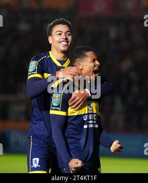 Samuel Silvera von Middlesbrough feiert das zweite Tor ihrer Mannschaft während des Spiels der vierten Runde des Carabao Cup in St James Park, Exeter. Bilddatum: Dienstag, 31. Oktober 2023. Stockfoto