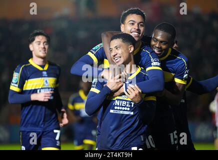 Samuel Silvera von Middlesbrough feiert das zweite Tor ihrer Mannschaft während des Spiels der vierten Runde des Carabao Cup in St James Park, Exeter. Bilddatum: Dienstag, 31. Oktober 2023. Stockfoto