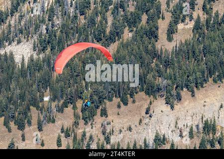 Tandem-Gleitschirmfliegen über den Grand Teton National Park vom Rendezvous Peak in Jackson Hole, Wyoming Stockfoto