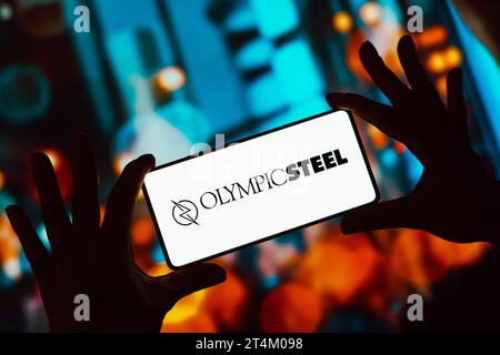 Brasilien. 31. Oktober 2023. In dieser Fotoabbildung wird das Olympic Steel-Logo auf einem Smartphone-Bildschirm angezeigt. (Credit Image: © Rafael Henrique/SOPA Images via ZUMA Press Wire) NUR REDAKTIONELLE VERWENDUNG! Nicht für kommerzielle ZWECKE! Stockfoto