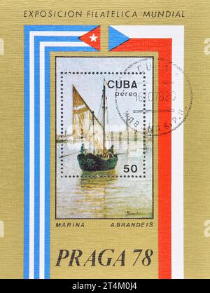 Souvenirbogen mit gestempelter Briefmarke, gedruckt von Kuba, auf der Ein .Brandeis steht. 'Barca da Pesca, Venezia', PRAGA'78, um 1978. Stockfoto