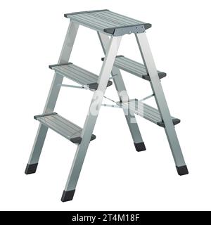 Trittleiter aus Aluminium, leichte Klappleiter, tragbarer schlanker Tritthocker, 3D-Rendering isoliert auf weißem Hintergrund Stockfoto