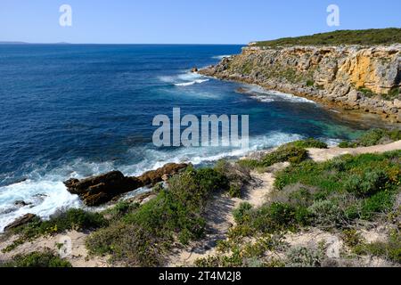 Die zerklüftete Küste rund um den Whaler's Way im Lincoln National Park auf der Eyre Peninsula in Südaustralien Stockfoto