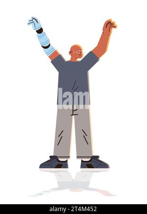 Mann mit ersetztem Roboterarm mit Titanimplantat oder Prothesenhand, die normal funktionierende Menschen mit Behinderungen wiederherstellt Stock Vektor
