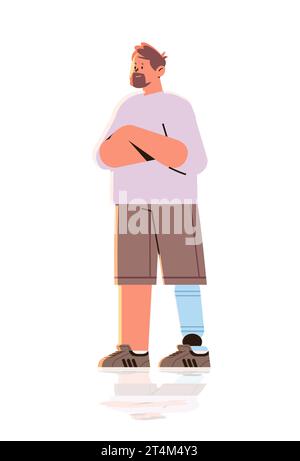 Mann mit ersetztem Roboter-Bein-Typ mit Titanimplantat oder Prothese Körperteil, der normale funktionierende Menschen mit Behinderungen wiederherstellt Stock Vektor