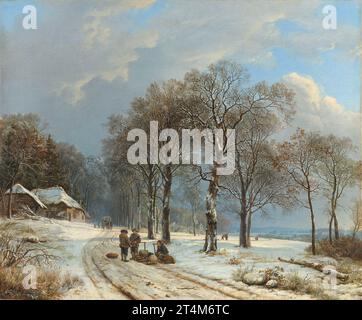 Winterlandschaft, Kunstgemälde des niederländischen Malers Barend Cornelis Koekkoek, 1835–1838 Landschaftskünstler für diese Winterlandschaft wählte Koekkoek eine hügelige Region im Gelderland oder die deutsche Region des Niederrheins Kunstwerk Meisterwerk Stockfoto