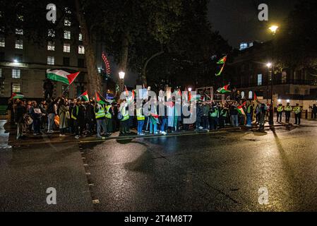 London, Großbritannien - 31. Oktober 2023: Mahnwache pro Palästina vor der Downing Street. Stockfoto