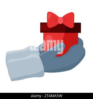 Hände im Fäustling halten rote Geschenkbox mit Schleife, Vektor-Illustration Stock Vektor