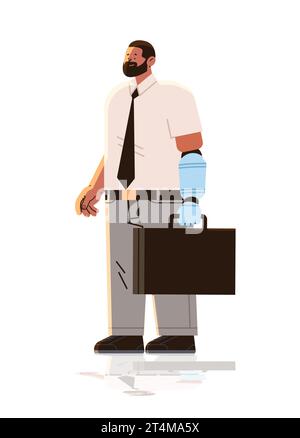 Geschäftsmann mit ersetztem Roboterarm Geschäftsmann mit Titanimplantat oder Prothesenhand zur Wiederherstellung normal funktionierender Menschen mit Behinderungen Stock Vektor